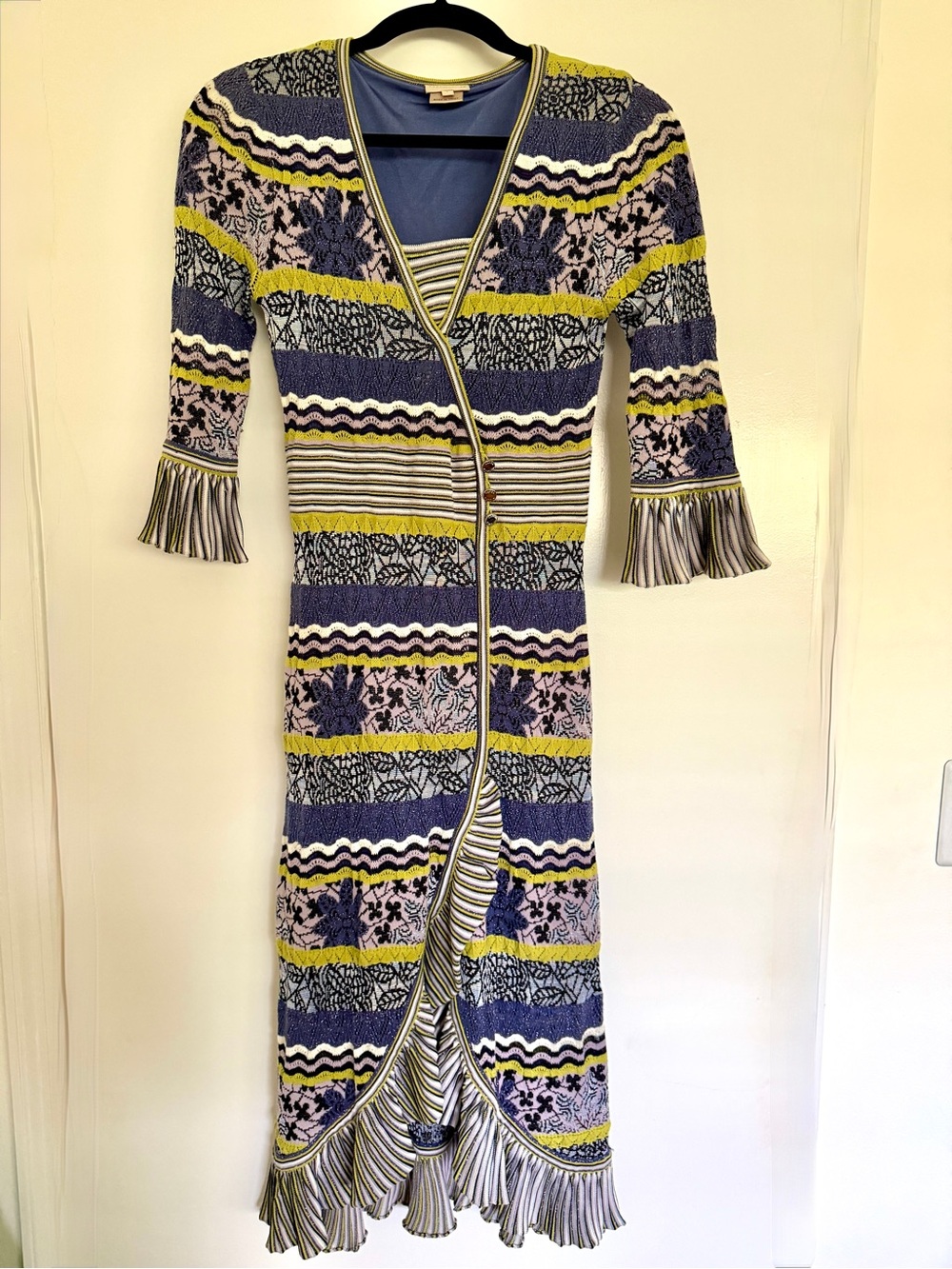 Karen Millen Striped Floral Knit Midi Dress in Purple, Lime Green & Lavender